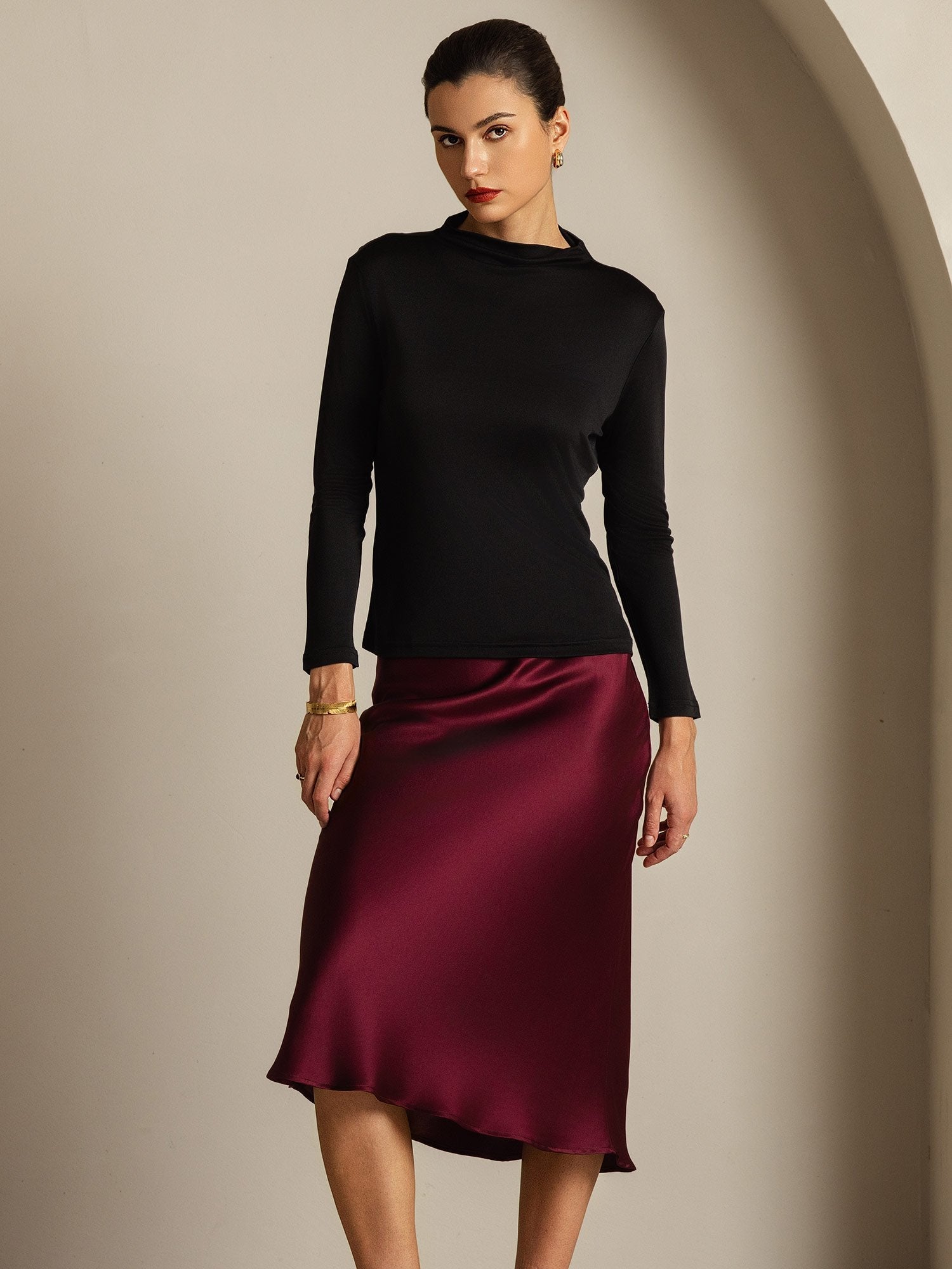[Black] SilkSilky-UK Pure Silk Mock Women's T-Shirt 006