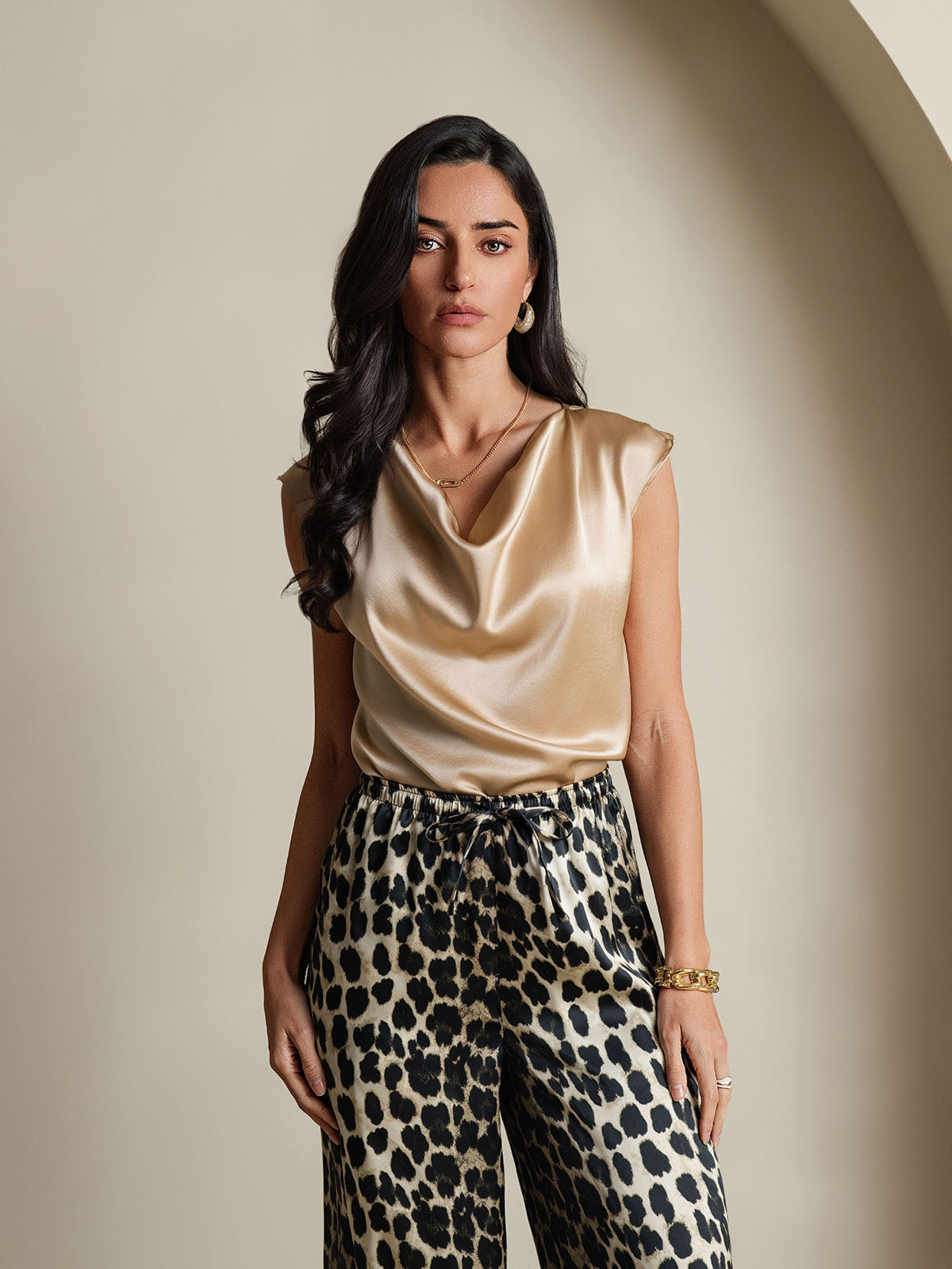 [Champagne] SilkSilky-UK 19Momme Silk Cap Sleeve Cowl Neck Women's T-Shirt 006