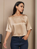 SilkSilky UK Pure Silk Half Sleeve Boat Neck Women's T Shirt Champagne 001