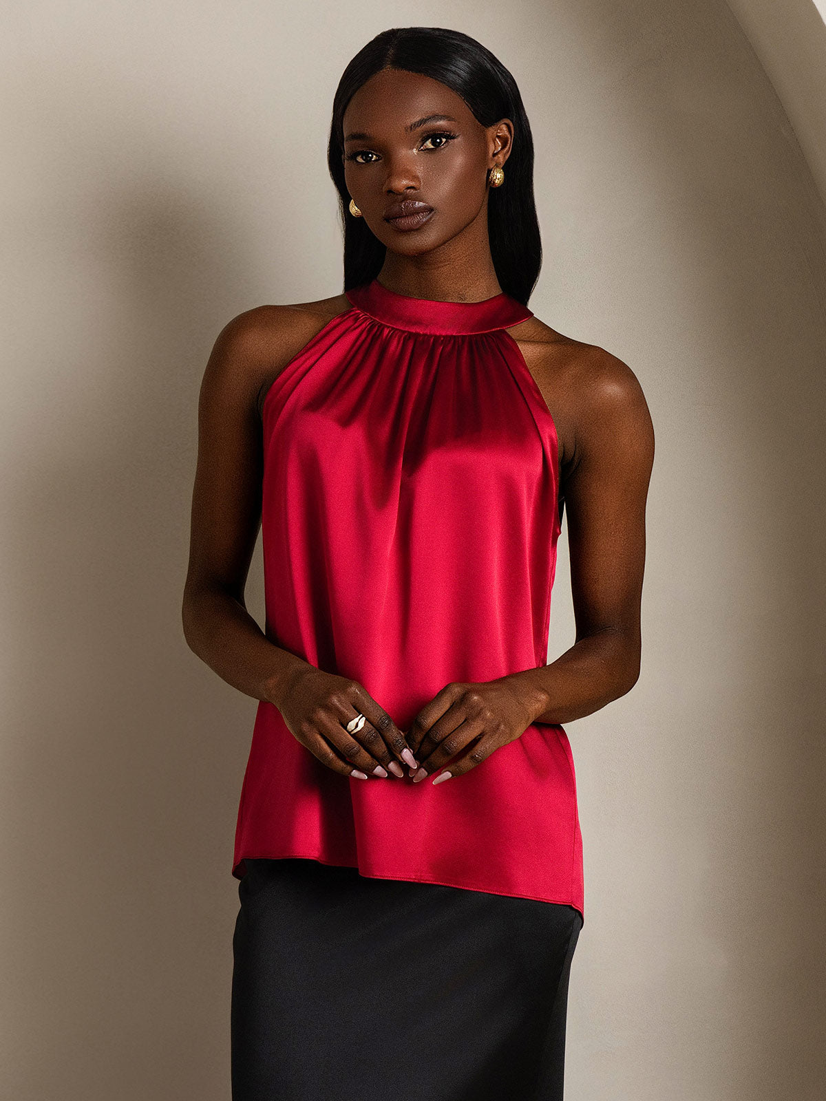 [Wine] SilkSilky-UK 19Momme Silk Sleeveless Halter Neck Women's T-Shirt 005