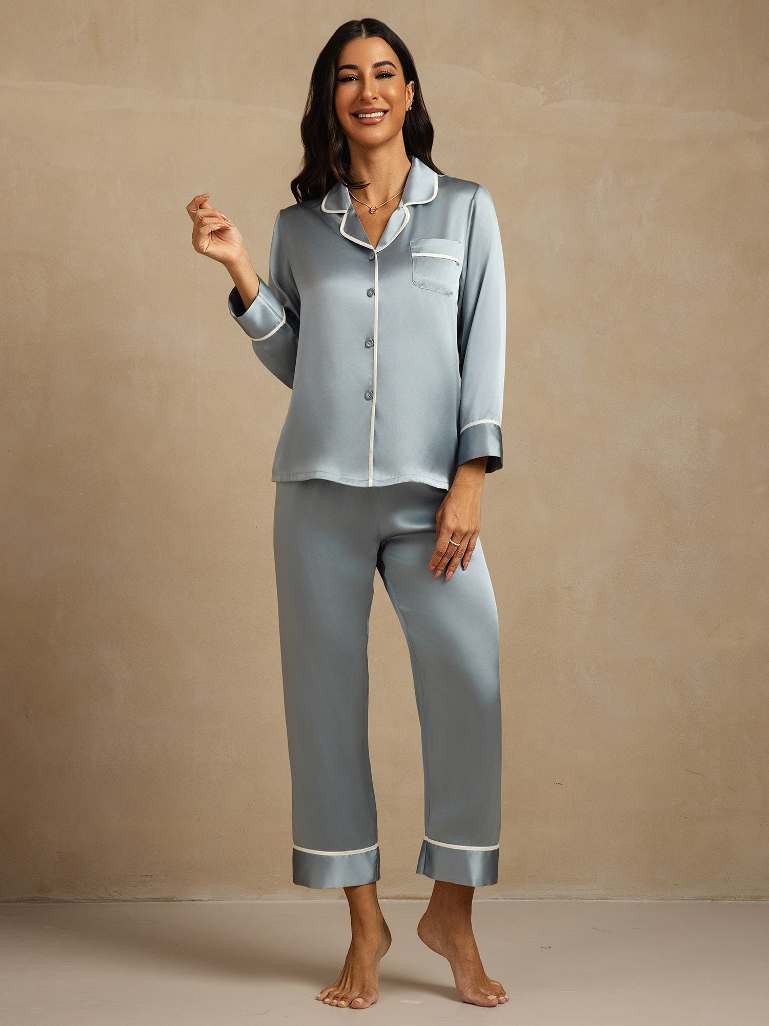 [GrayishBlue] SilkSilky-UK Pure Silk Collar Women's Pyjamas 007