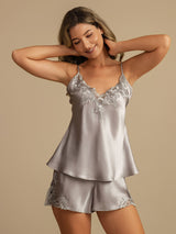 [Light Gray] SilkSilky-UK Spaghetti Strap V Neck Camisole Set 006