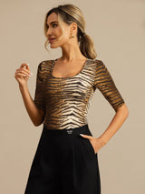 [Tiger] SilkSilky-UK 100% Silk Jersey Half Sleeve Scoop Neck Women's T-Shirt 005