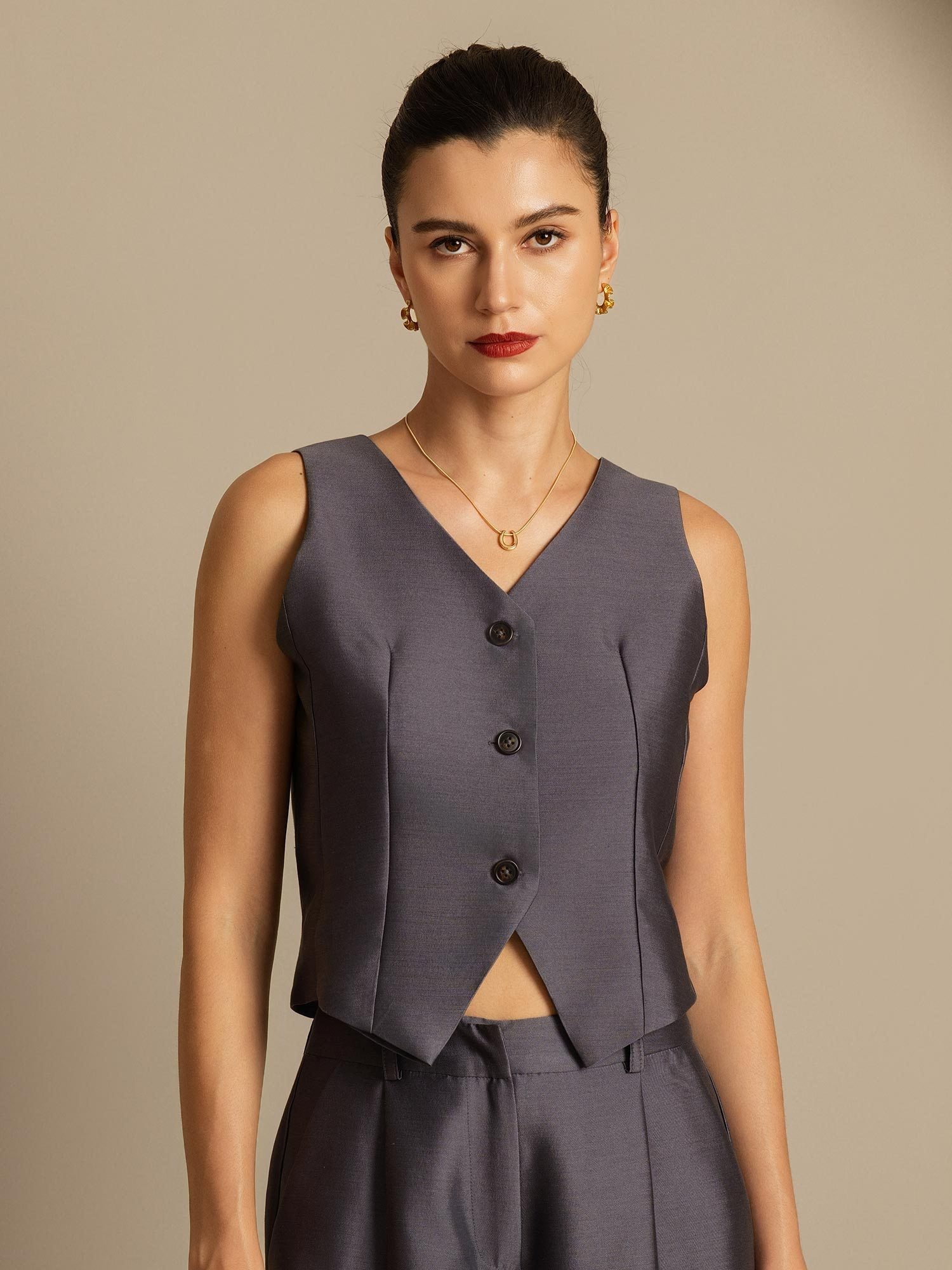 [Gray] SilkSilky-UK 32Momme Silk-Wool Blend V Neck Women's Vest 001