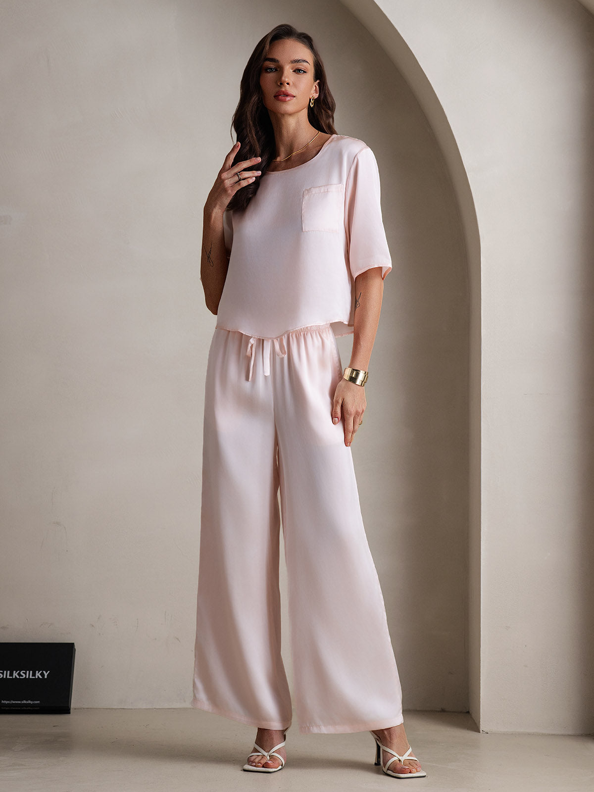 [Pink] SilkSilky-UK Pure Silk Round Neck Women's Pyjamas 003