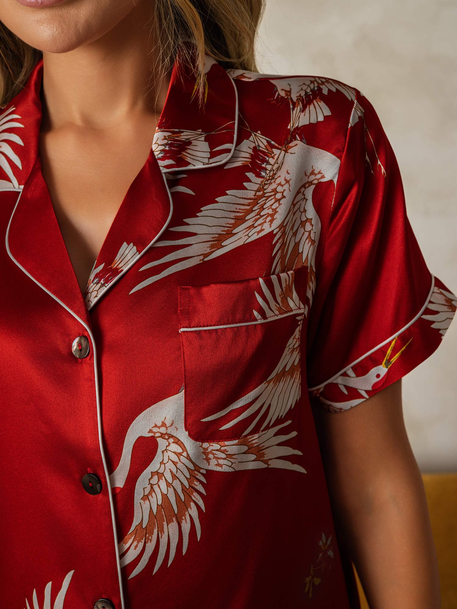 [Dark Red] SilkSilky-UK 19Momme Pure Silk Short Sleeve Notch Collar Women's Pyjamas 004