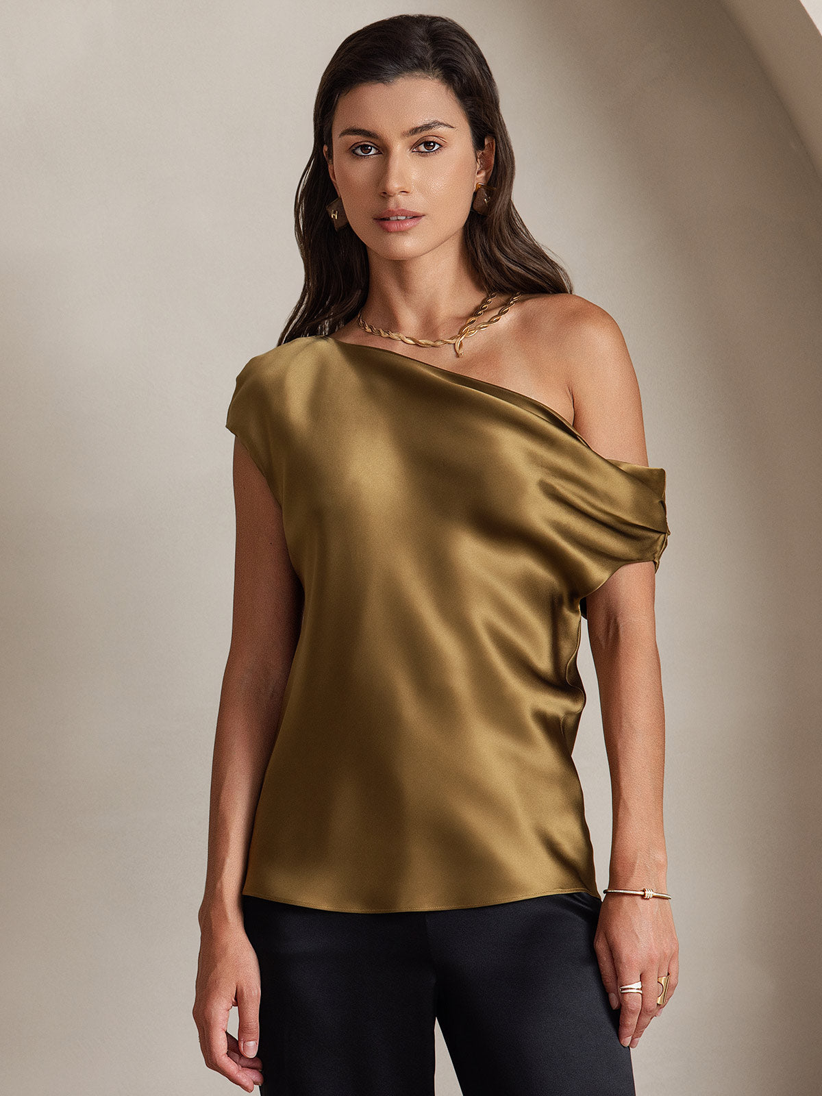 SilkSilky-UK 19Momme Silk Sleeveless One Shoulder Women's T-Shirt Brown 001