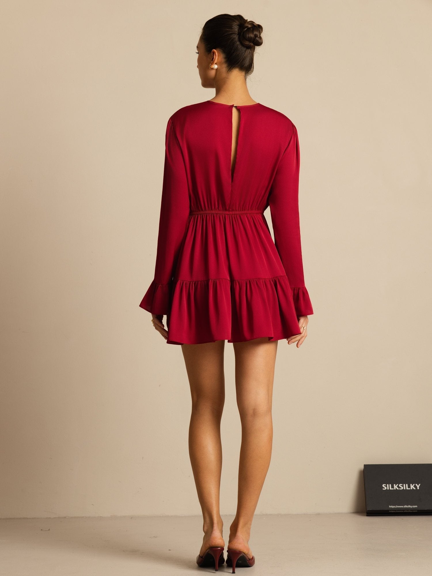 [Wine] SilkSilky-UK 19Momme Stretch Silk Double Georgette Long Sleeve Round Neck Dress 002