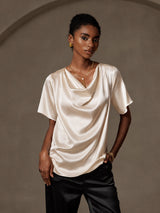 [Beige] SilkSilky-UK Short Sleeve Cowl Neck Women's Blouse 001