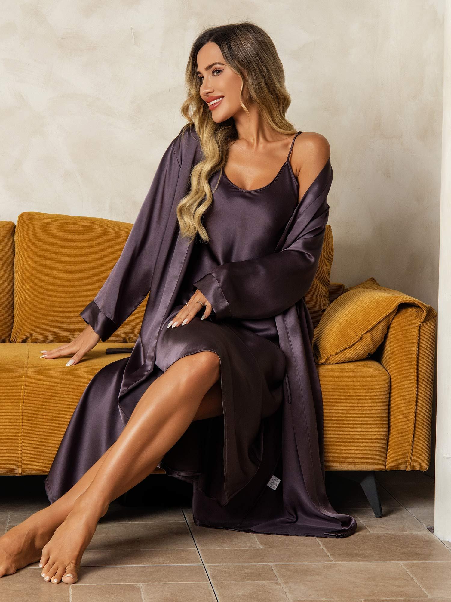 [Purple Gray] SilkSilky-UK Long Sleeve V Neck Nightdress&Dressing gowns 004