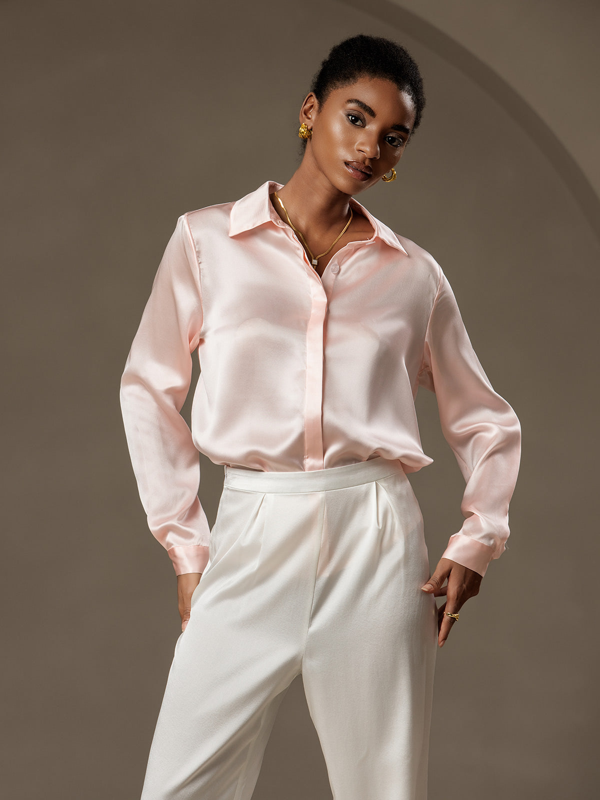 [Pink] SilkSilky-UK 19Momme Silk Collar Women's Shirt 004