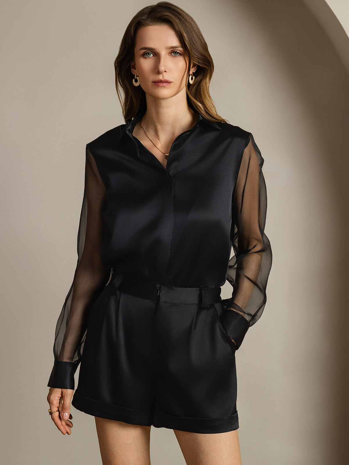 [Black] SilkSilky-UK 19Momme Silk Collar Women's Shirt 005