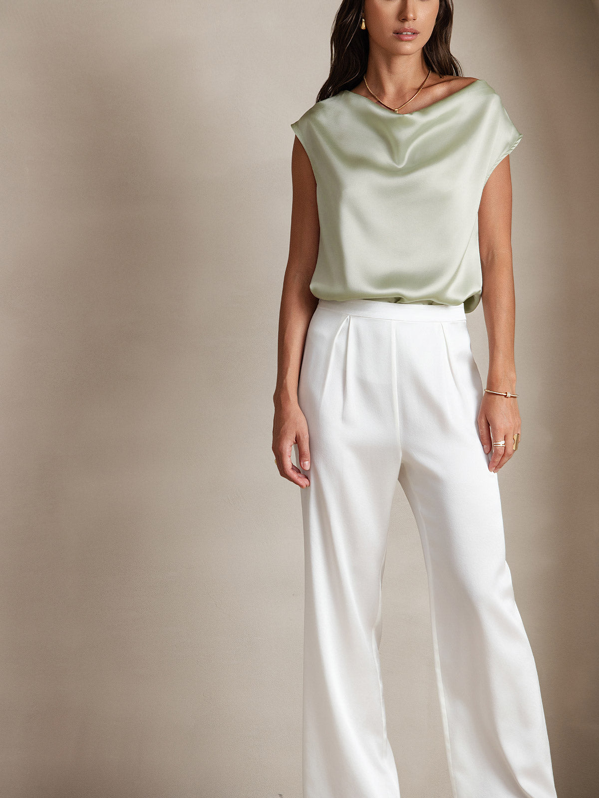 [Light Green] SilkSilky-UK 19Momme Silk Sleeveless Cowl Neck Women's T-Shirt 005