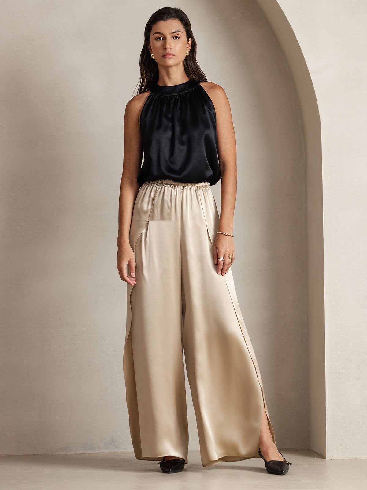 [Black] SilkSilky-UK 19Momme Silk Sleeveless Halter Neck Women's T-Shirt 006