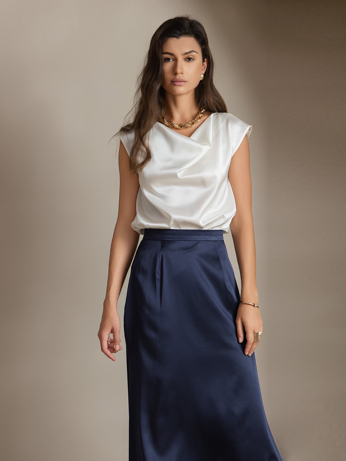 [White] SilkSilky-UK 19Momme Silk Cap Sleeve Cowl Neck Women's T-Shirt 008