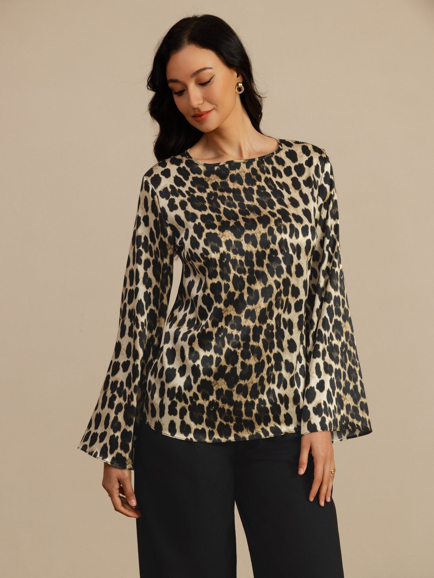[Leopard] SilkSilky-UK 19Momme Stretch Silk Charmeuse Long Sleeve Boat Neck Blouse 005