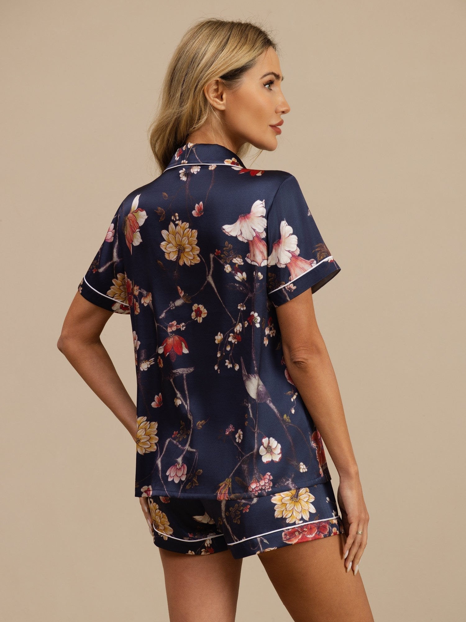 [Navy Floral] SilkSilky-UK Short Sleeve Notch Collar Women's Pyjamas 002