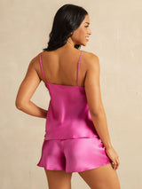 [Rose Red] SilkSilky-UK Spaghetti Strap V Neck Camisole Set 002