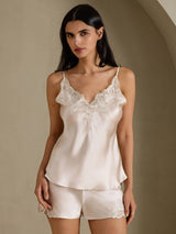 [Beige] SilkSilky-UK Spaghetti Strap V Neck Camisole Set 001