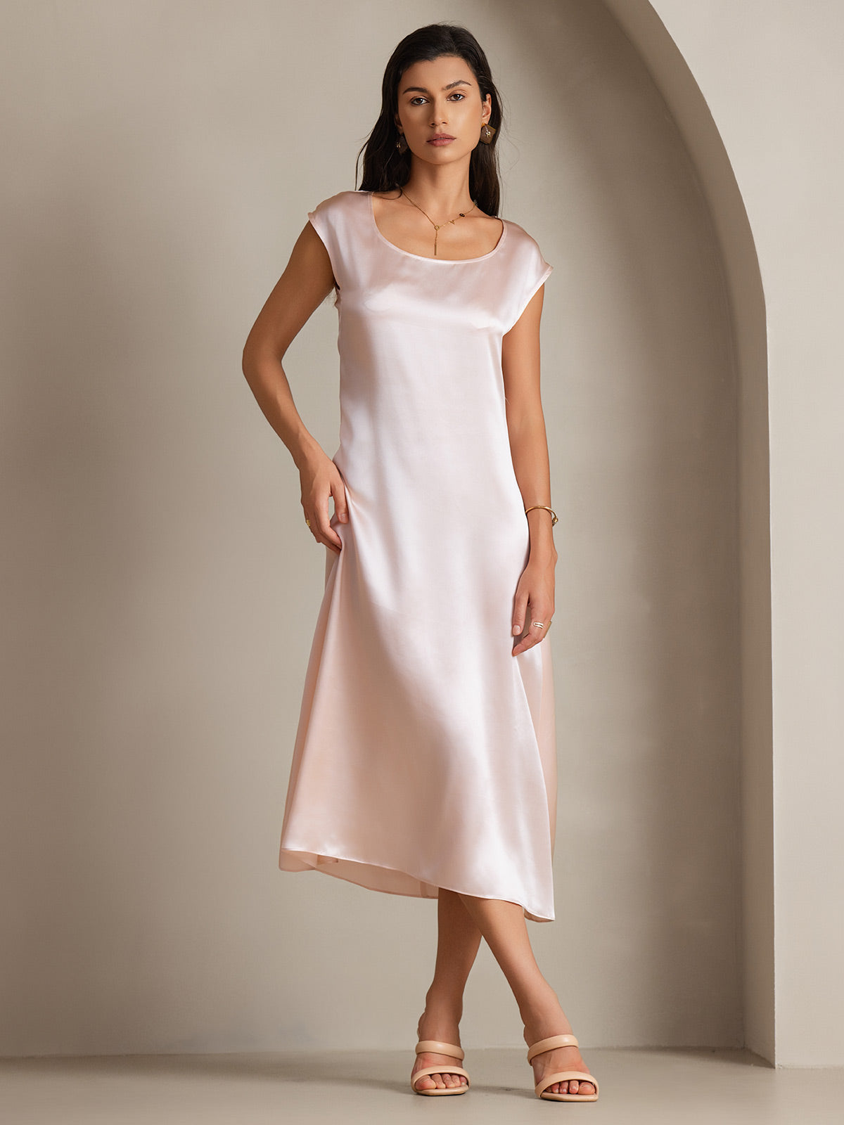 [Pink] SilkSilky-UK 19Momme Silk Round Neck Dress 002
