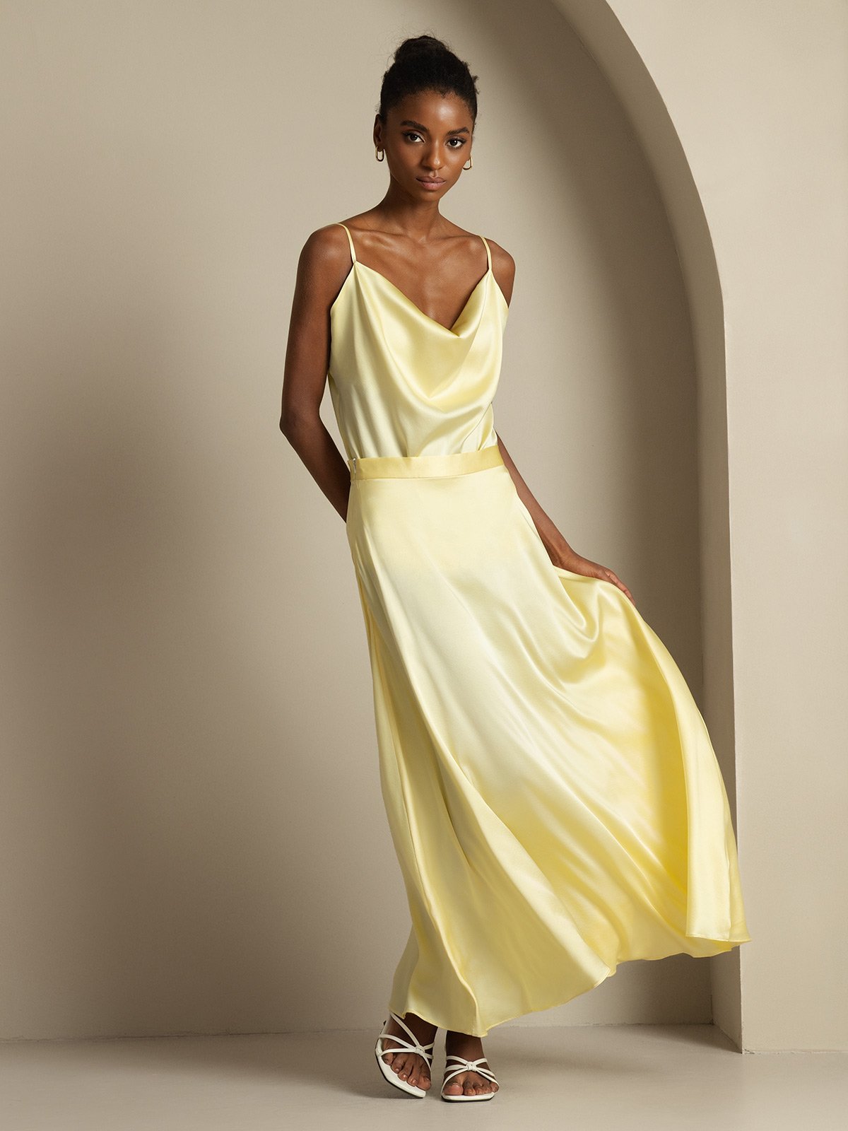 [Light Yellow] SilkSilky-UK 19Momme Silk Knitted Cowl Neck Women''s Outfit Sets 006,