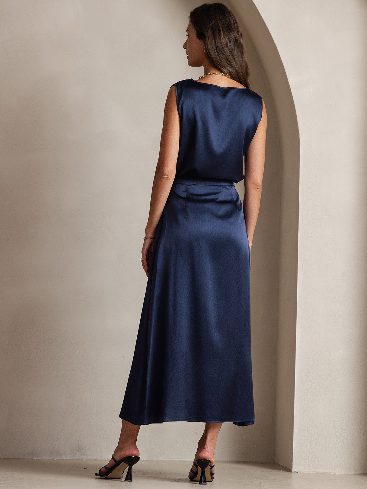 [Dark Blue] SilkSilky-UK 19Momme Stretch Silk Charmeuse Skirt 004