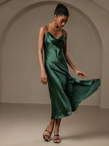 [Dark Green] SilkSilky-UK Spaghetti Strap Cowl Neck Dress 006