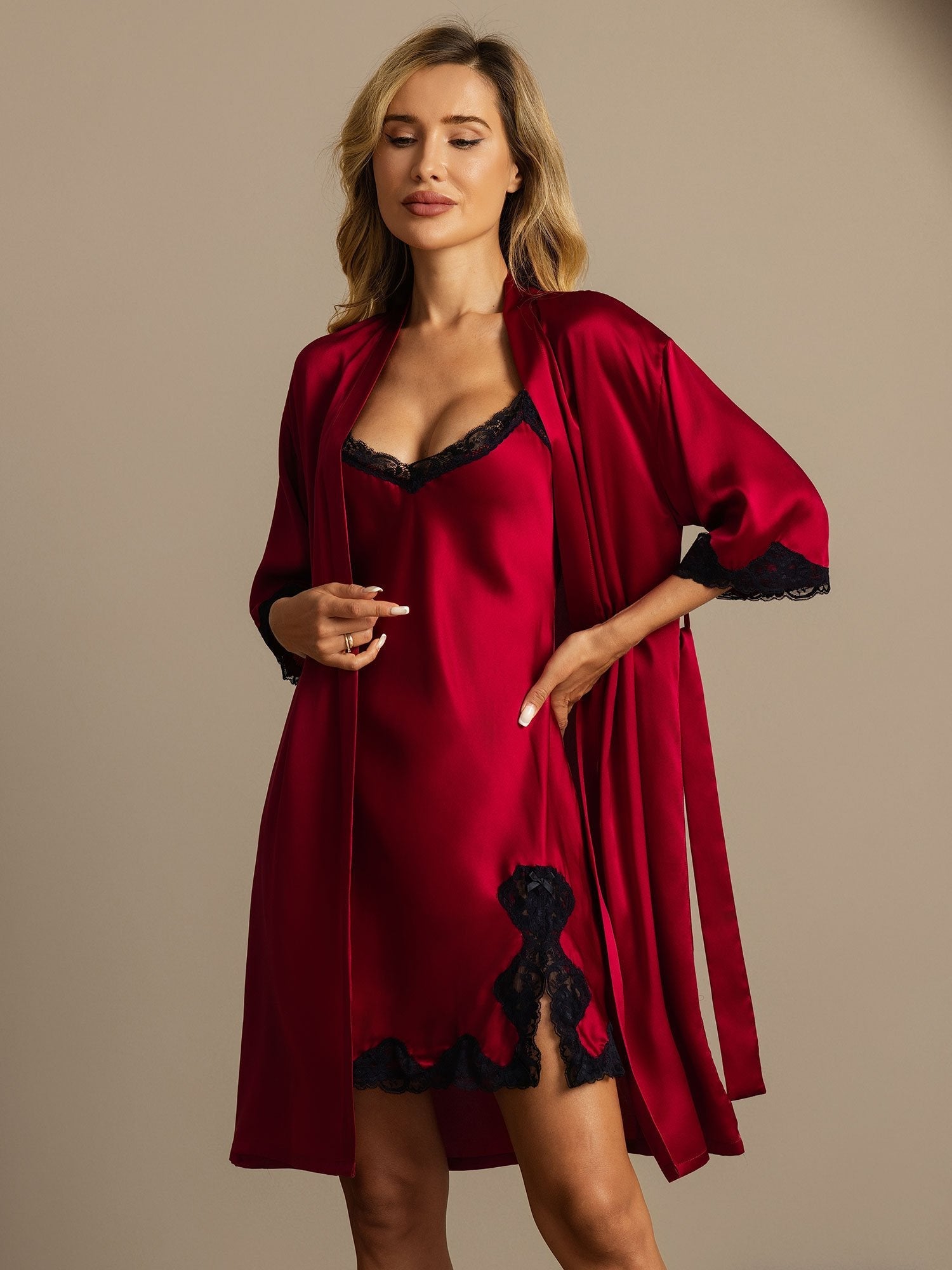 [Wine] SilkSilky-UK Pure Silk V Neck Nightdress&Dressing gowns 003