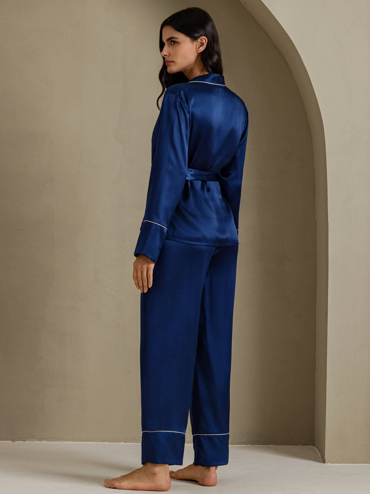 [Dark Blue] SilkSilky-UK Long Sleeve Shawl Collar Women's Pyjamas 002