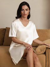 [Beige] SilkSilky-UK Half Sleeve V Neck Nightdress 006