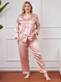 SilkSilky UK Pure Silk Long Sleeve Lapel Plus Size Pyjamas Pink 001