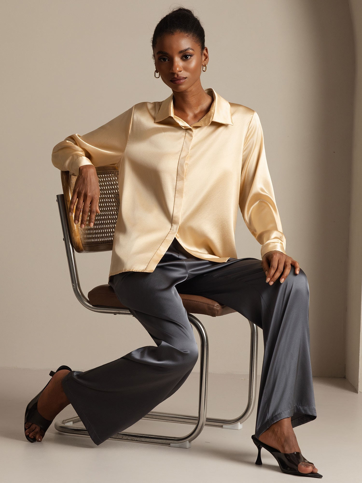 [Champagne] SilkSilky-UK 19Momme Silk Long Sleeve Collar Women's Shirt 009