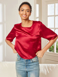 SilkSilky UK Pure Silk Half Sleeve Boat Neck Women's T Shirt DarkRed 006