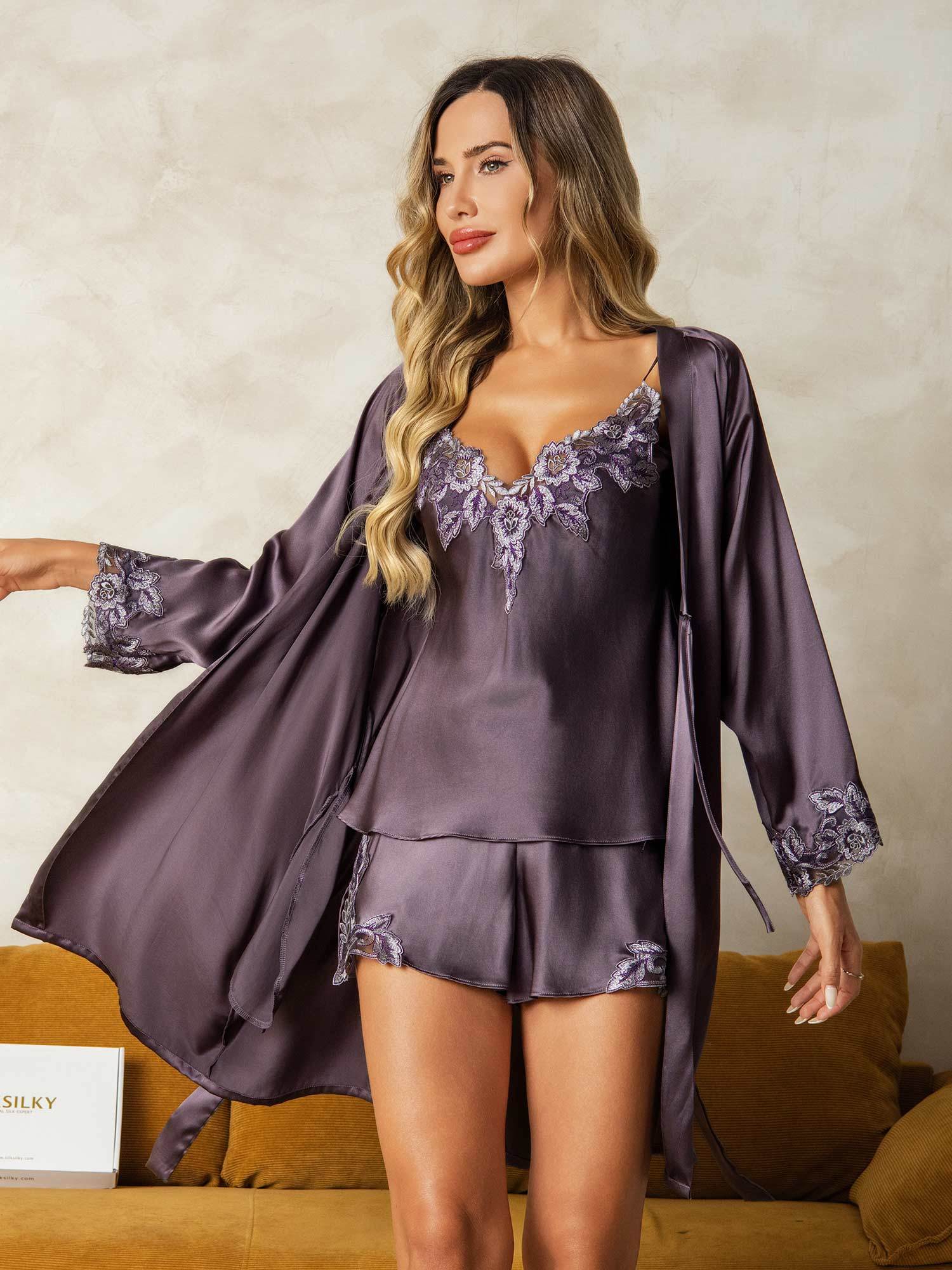 [Purple Gray] SilkSilky-UK Pure Silk V Neck Women's Pyjamas 001
