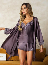 [Purple Gray] SilkSilky-UK Pure Silk 3/4 Sleeve V Neck Women's Pyjamas 001