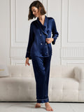 SilkSilky-UK Pure Silk Long Sleeve V Neck Women's Pyjamas DarkBlue 004