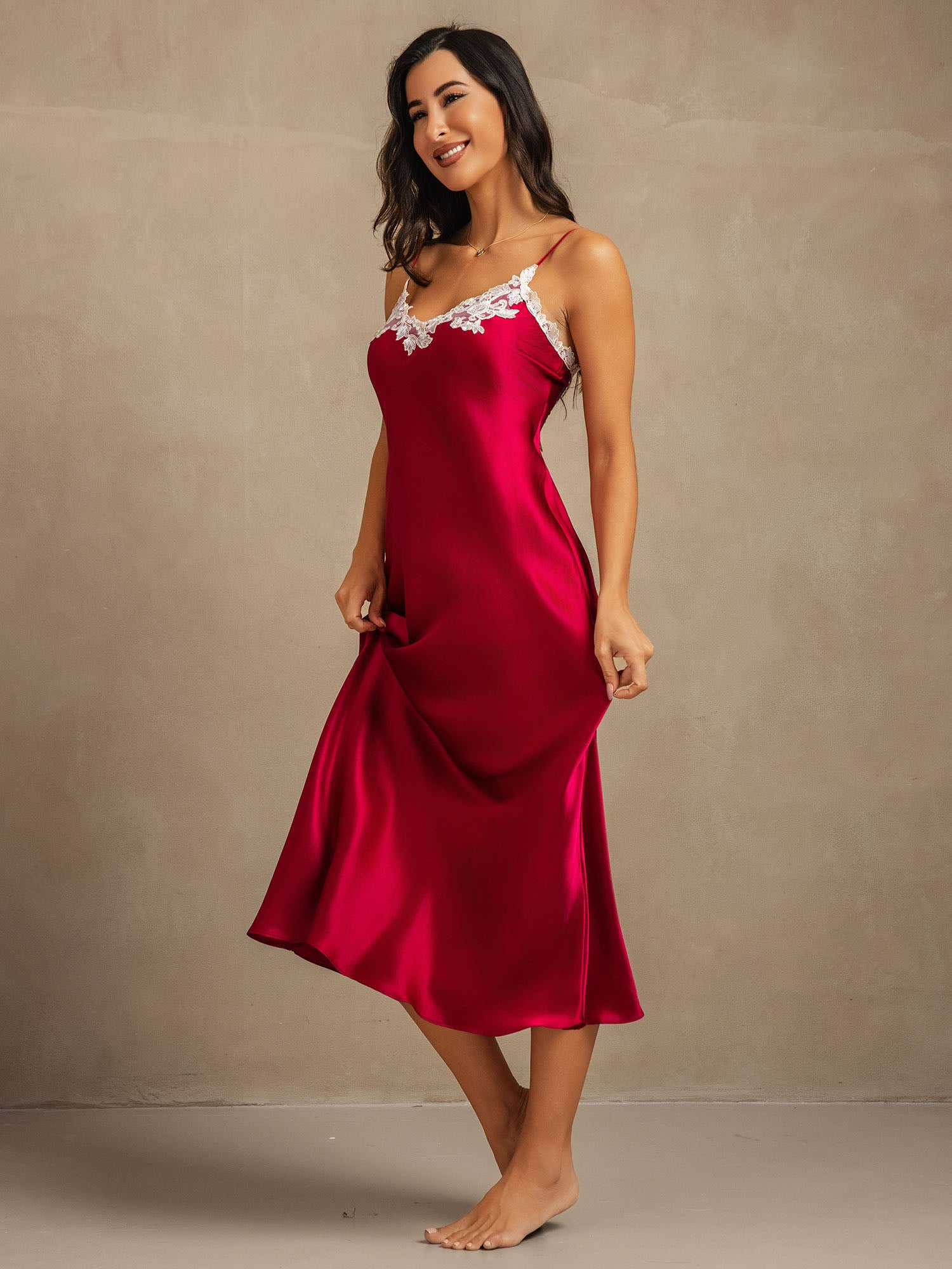 [Wine] SilkSilky-UK 19Momme Pure Silk V Neck Dress 007