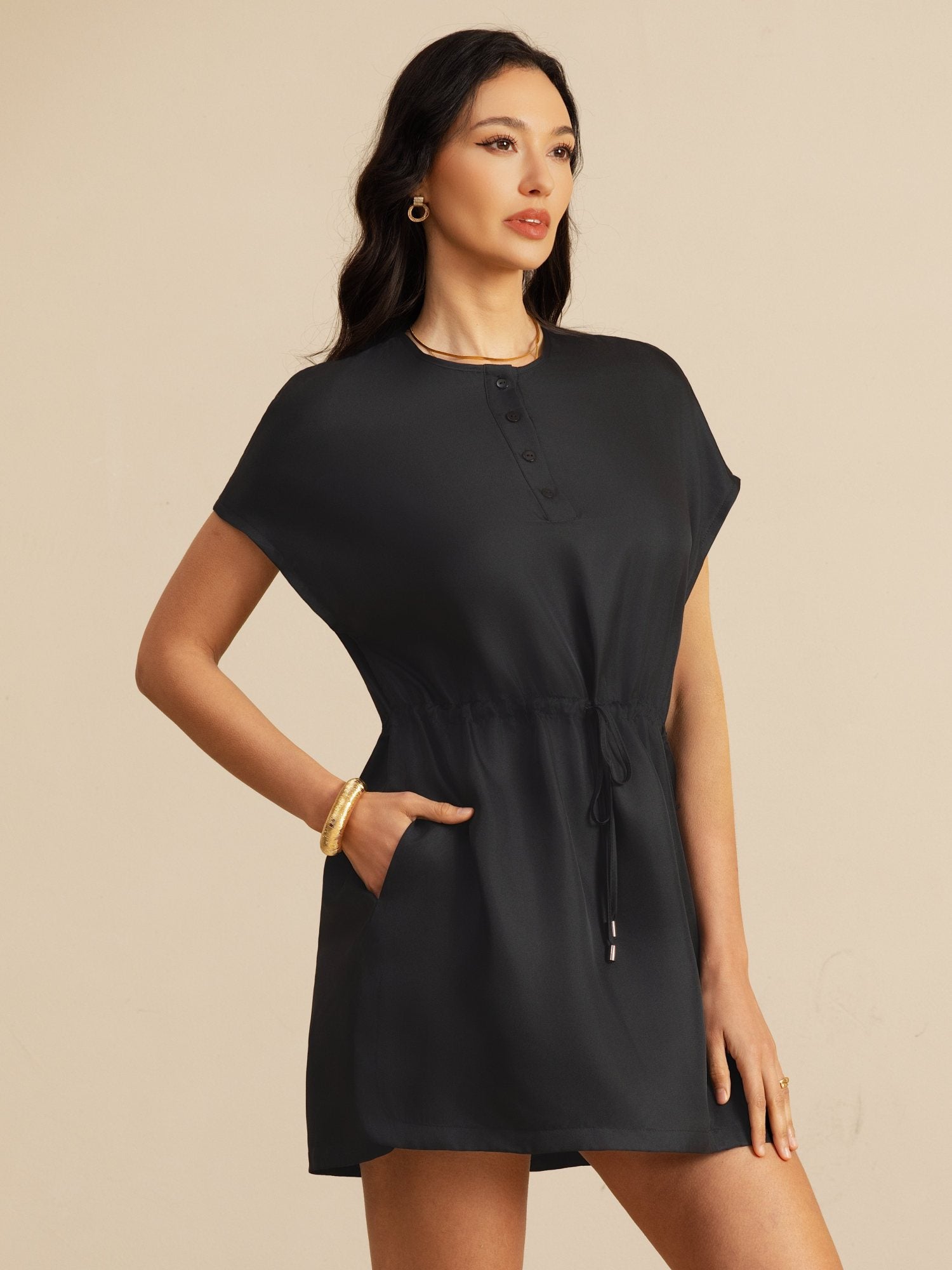 [Black] SilkSilky-UK 18Momme Silk Satin Surah Cap Sleeve Henley Neck Dress 001