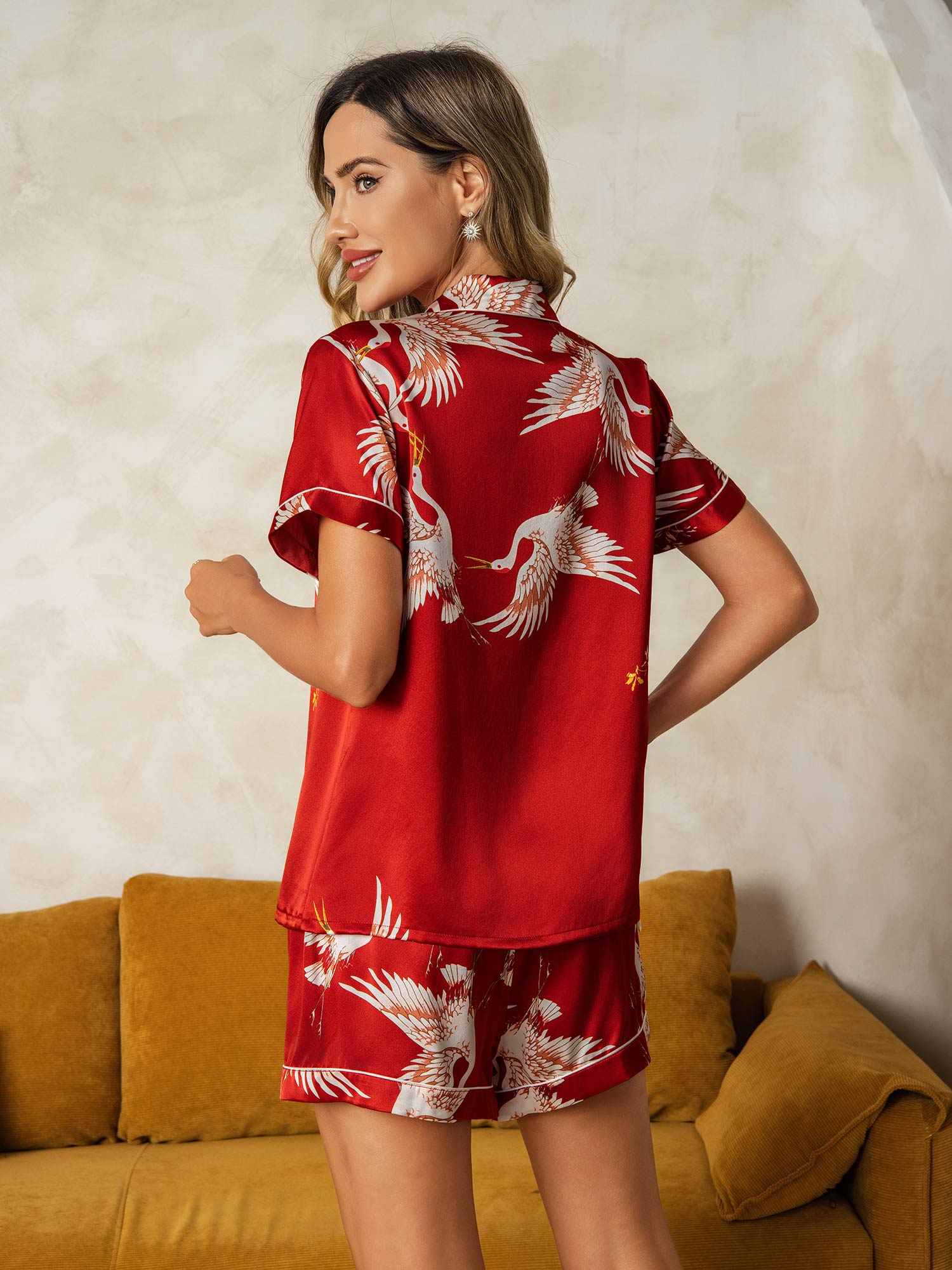 [Dark Red] SilkSilky-UK 19Momme Pure Silk Short Sleeve Notch Collar Women's Pyjamas 002