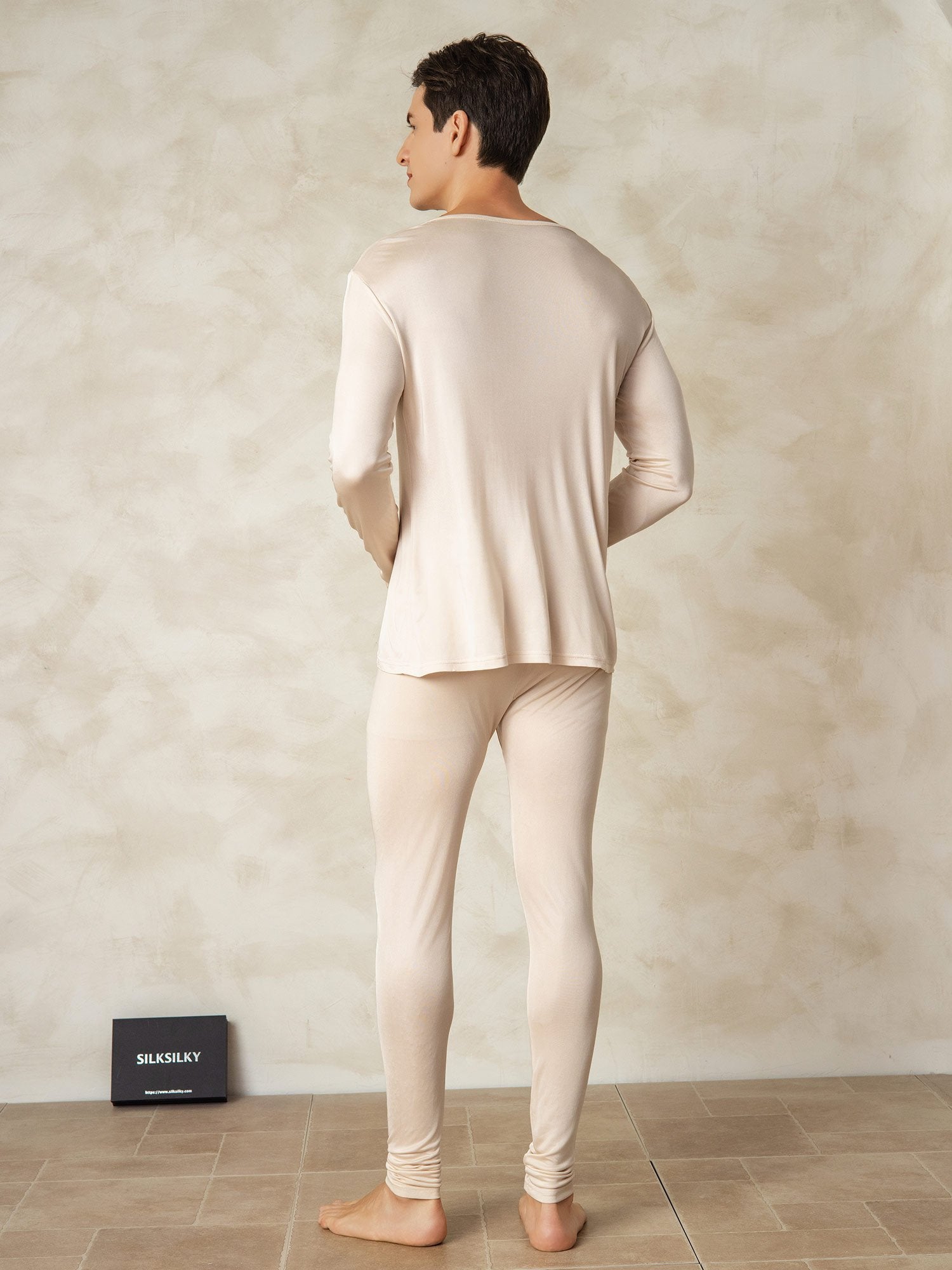 [Tan] SilkSilky-UK Silk Knitted Round Neck Men's Pyjamas 002