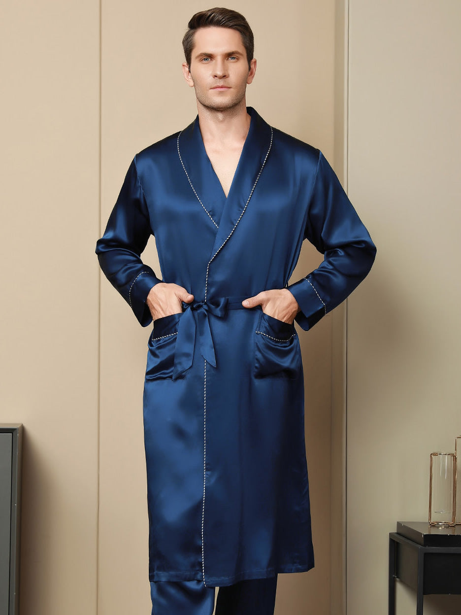 SilkSilky UK Pure Silk Long Sleeve Lapel Men's Dressing Gown DarkBlue 001