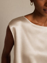 [Beige] SilkSilky-UK Cap Sleeve Round Neck Women's T-Shirt 005