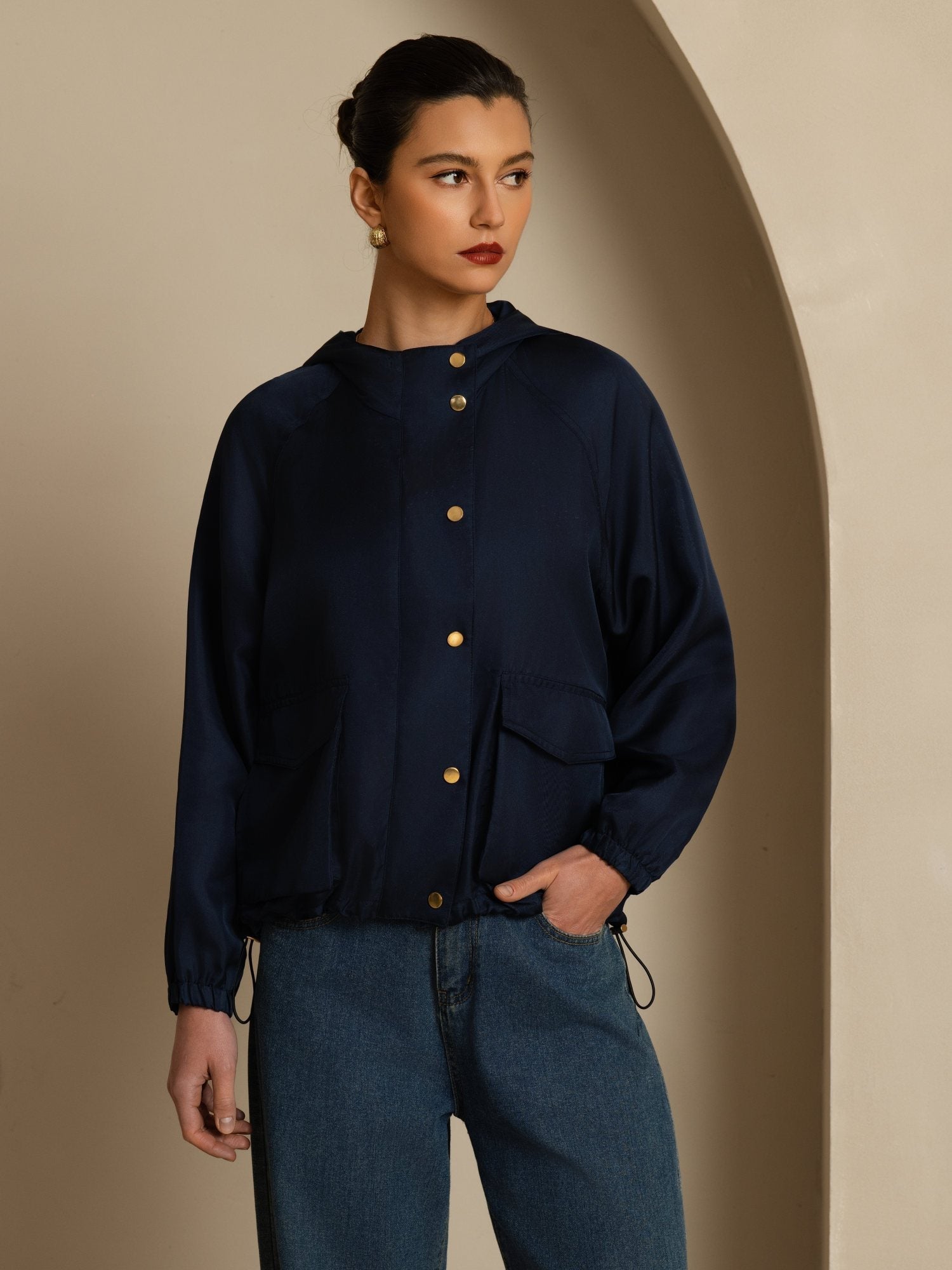 [DarkBlue] SilkSilky-UK Silk Satin Surah Long Sleeve High Neck Women's Outerwear 004