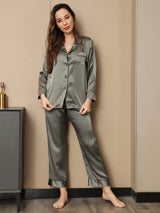 [Grayish Green] SilkSilky-UK Pure Silk Long Sleeve Notch Collar Women's Pyjamas 004
