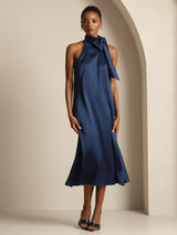 [Dark Blue] SilkSilky-UK Sleeveless Tie Neck Dress 001