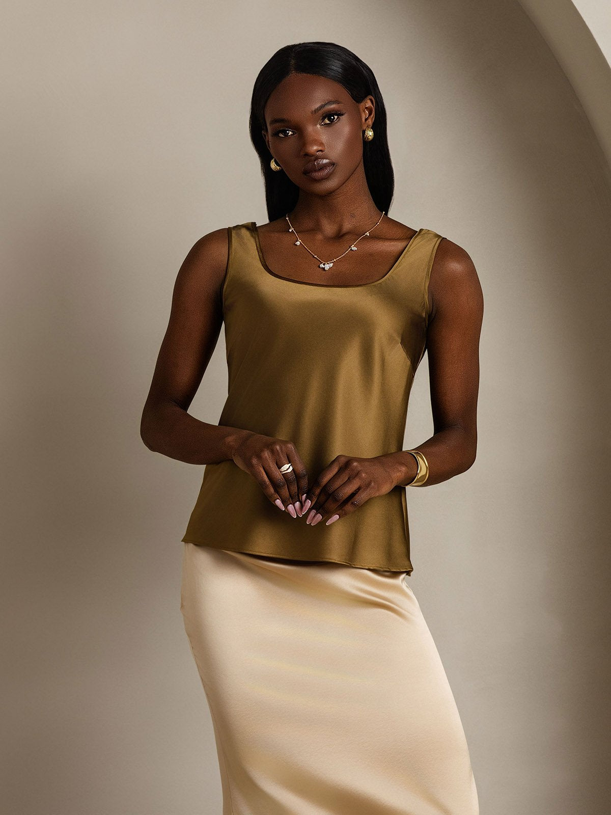 [Brown] SilkSilky-UK 19Momme Silk Sleeveless U Neck Camisole 006