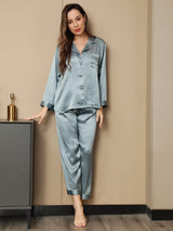 [Steel Blue] SilkSilky-UK Long Sleeve Lapel Collar Women's Pyjamas 001