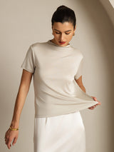 [Gray] SilkSilky-UK Silk Knitted Short Sleeve Mock Neck Women's T-Shirt 003