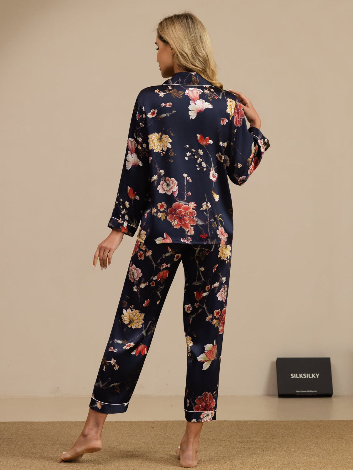 [Navy Floral] SilkSilky-UK Long Sleeve Lapel Collar Women's Pyjamas 002