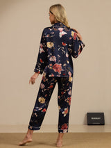 [Navy Floral] SilkSilky-UK Long Sleeve Lapel Collar Women's Pyjamas 002